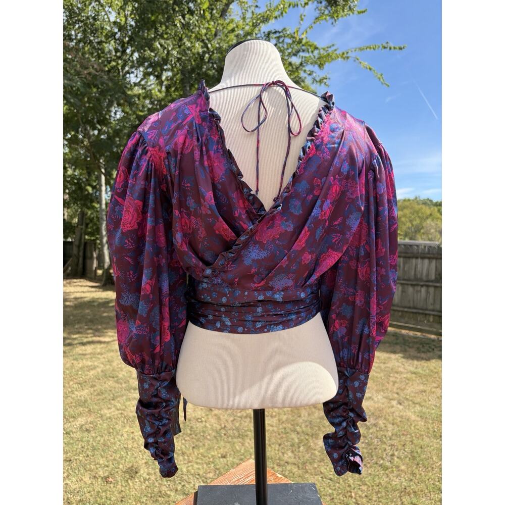 For Love & Lemons Jewel Tones Crop Blouse Silky Whimsigoth Wrap Medium Romantic - Picture 3 of 5